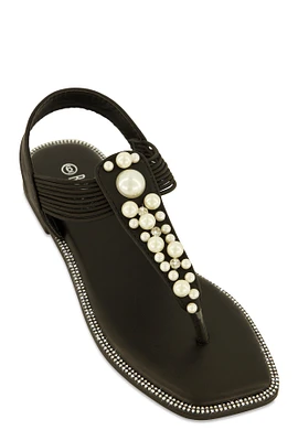 Womens Faux Pearl Studded Ankle Strap Thong Sandals,