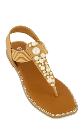 Womens Faux Pearl Studded Ankle Strap Thong Sandals,