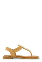 Womens Faux Pearl Studded Ankle Strap Thong Sandals, Brown,