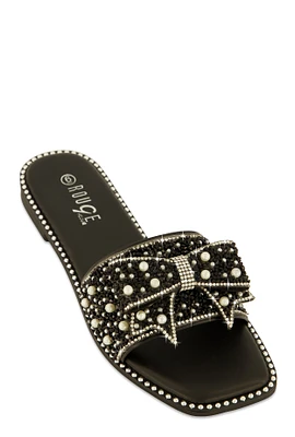 Womens Studded Bow Band Slide Sandals, Black, Size 11