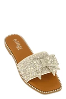 Womens Studded Bow Band Slide Sandals, White,