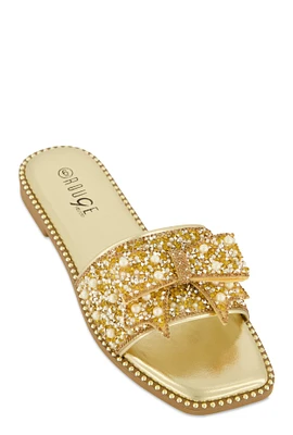 Womens Studded Bow Band Slide Sandals, Gold, Size 7.5