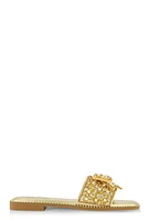 Womens Studded Bow Band Slide Sandals, Gold, Size 7.5