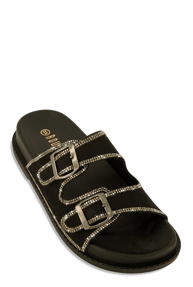 Womens Double Buckle Band Studded Trim Slide Sandals,