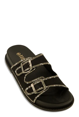 Womens Double Buckle Band Studded Trim Slide Sandals,