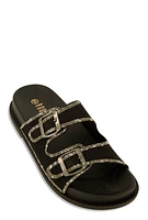 Womens Double Buckle Band Studded Trim Slide Sandals, Black,