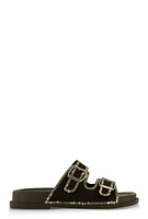 Womens Double Buckle Band Studded Trim Slide Sandals,