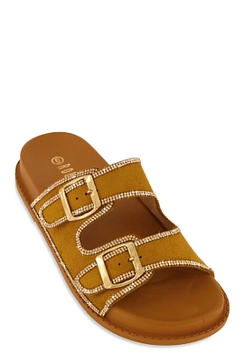 Womens Double Buckle Band Studded Trim Slide Sandals, Brown, Size 8.5