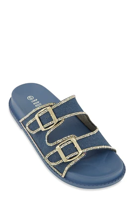 Womens Double Buckle Band Studded Trim Slide Sandals, Blue,
