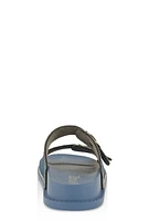 Womens Double Buckle Band Studded Trim Slide Sandals, Blue,