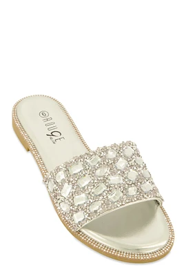 Womens Gemstone Studded Slide Sandals, Silver, Size 10