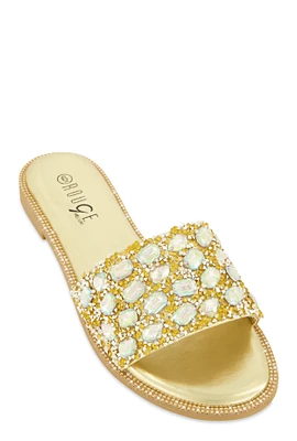 Womens Gemstone Studded Slide Sandals, Gold, Size 9