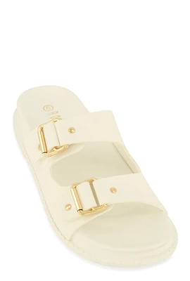 Womens Buckle Detail Double Band Footbed Sandals, White,