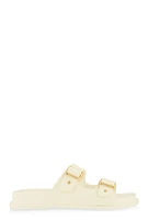 Womens Buckle Detail Double Band Footbed Sandals, White,