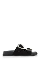 Womens Faux Suede Double Buckle Band Slide Sandals,