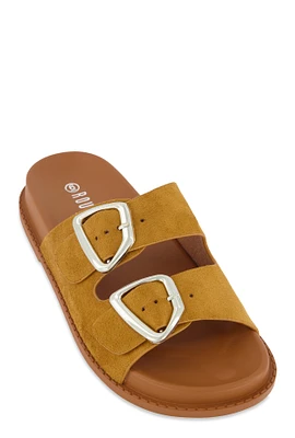 Womens Faux Suede Double Buckle Band Slide Sandals,
