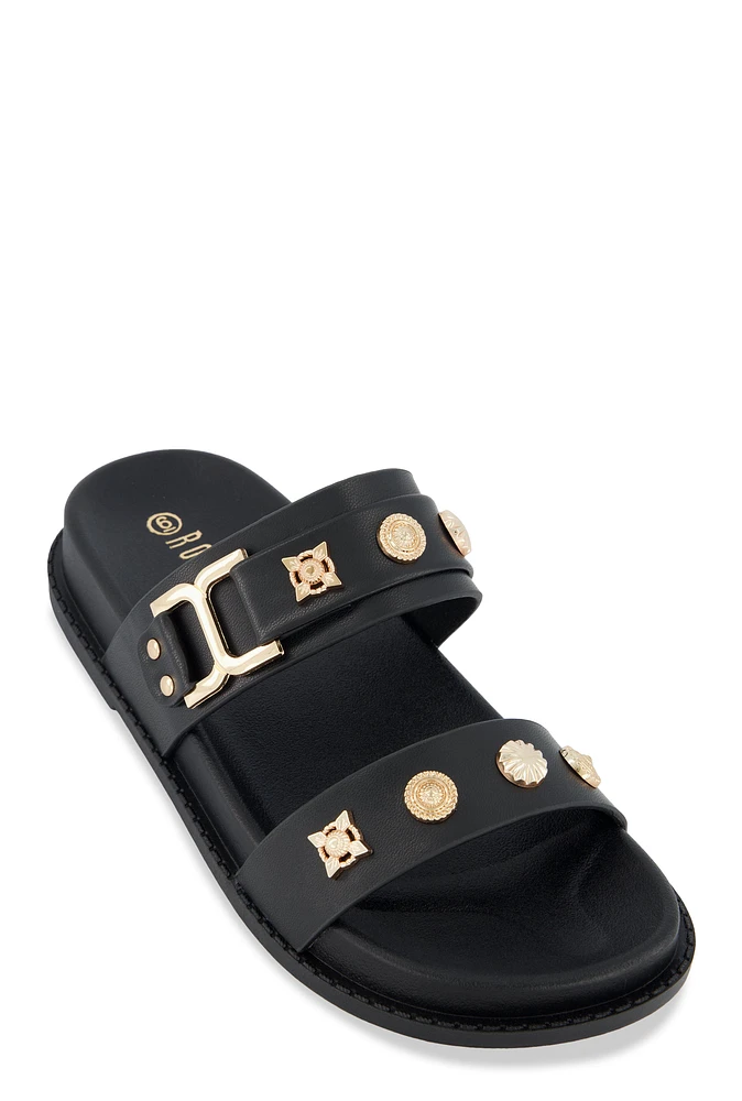 Womens Embellished Double Band Slide Sandals,