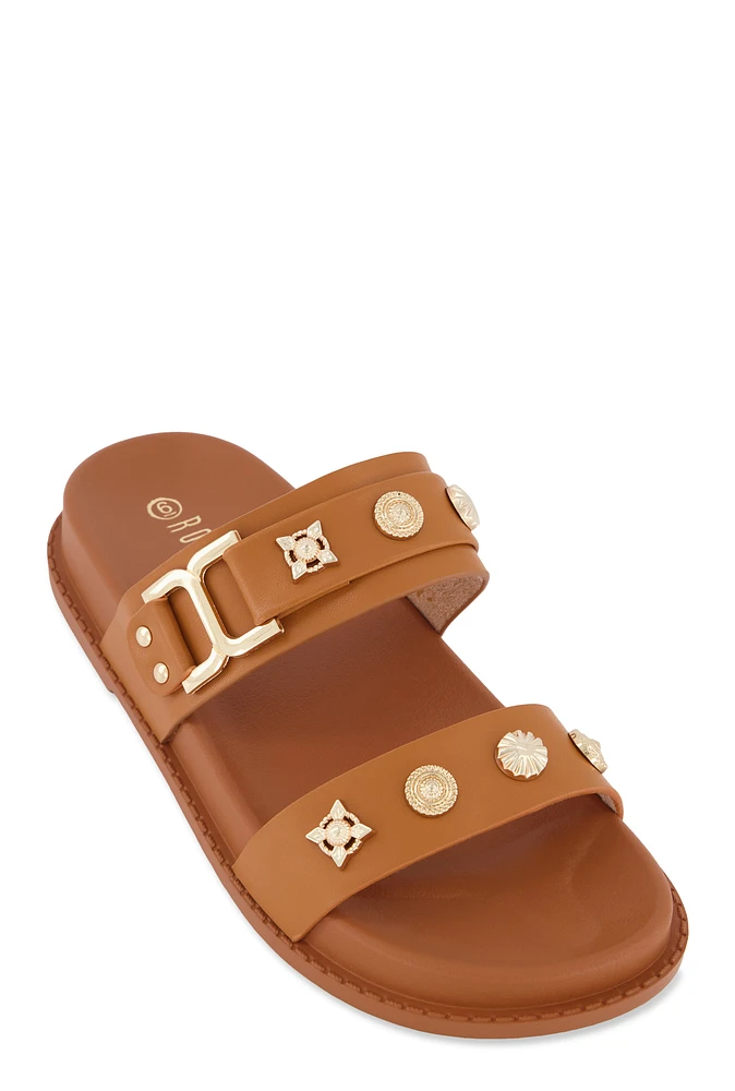 Womens Embellished Double Band Slide Sandals, Brown, Size 8