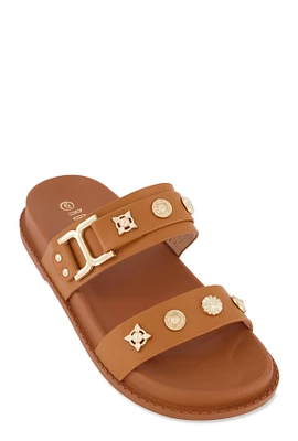 Womens Embellished Double Band Slide Sandals, Brown, Size 8