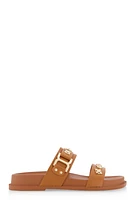 Womens Embellished Double Band Slide Sandals, Brown, Size 8