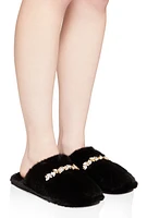 Womens Rhinestone Detail Faux Fur Slippers,