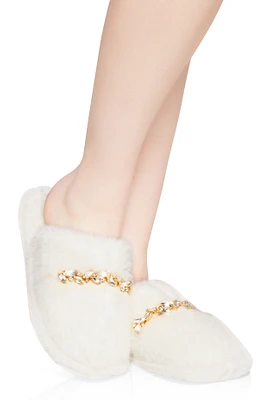 Womens Rhinestone Detail Faux Fur Slippers, White,