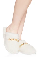 Womens Rhinestone Detail Faux Fur Slippers, White,