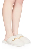 Womens Rhinestone Detail Faux Fur Slippers, White,