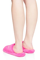 Womens Rhinestone Detail Faux Fur Slippers, Pink, Size 9-10