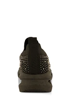 Womens Rhinestone Cut Out Sole Slip On Sneakers, Black,