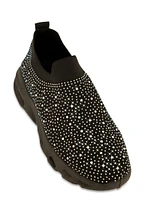 Womens Rhinestone Cut Out Sole Slip On Sneakers, Black,