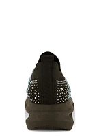 Womens Rhinestone Cut Out Sole Slip On Sneakers, Black,