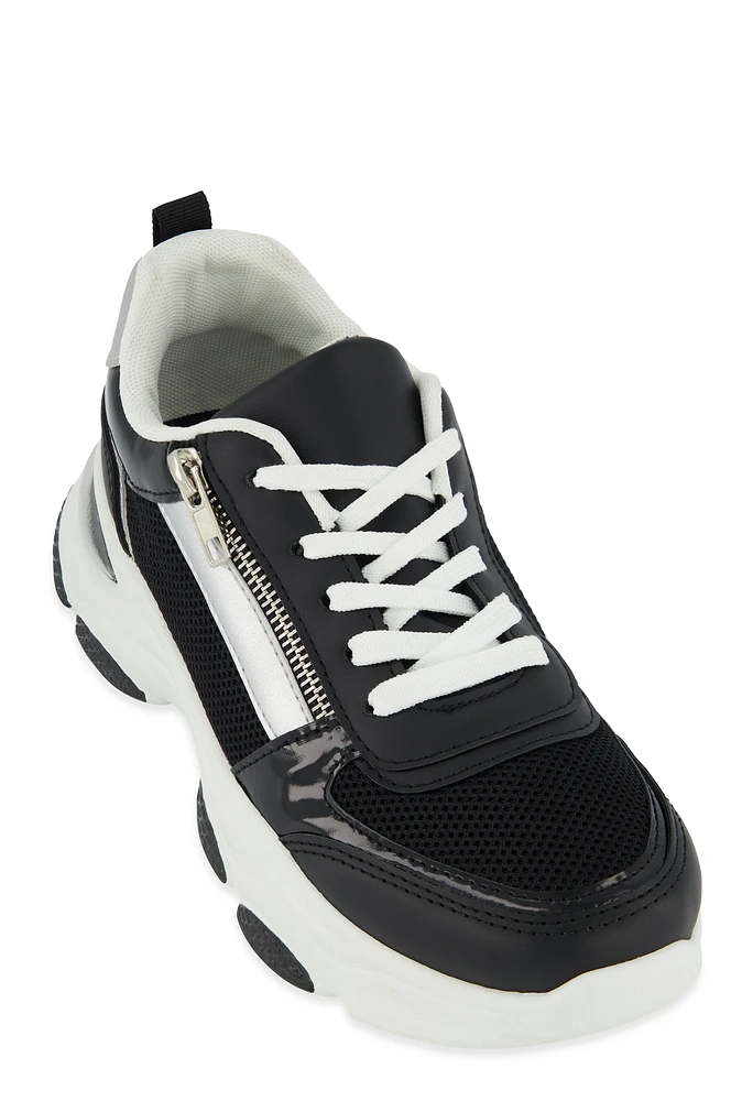 Womens Zipper Detail Chunky Sole Lace Up Sneakers, Black,