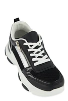 Womens Zipper Detail Chunky Sole Lace Up Sneakers, Black,