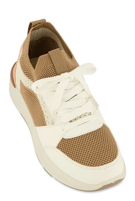 Womens Textured Knit Color Block Lace Up Sneakers, Brown, Size 9