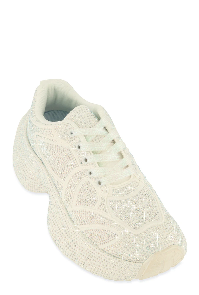 Womens Rhinestone Studded Chunky Platform Sneakers, White,