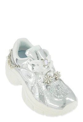 Womens Ribbon Lace Up Charm Chunky Sneakers, Silver, Size 10