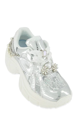 Womens Ribbon Lace Up Charm Chunky Sneakers, Silver,