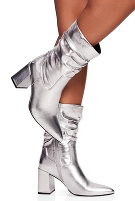 Womens Ruched Pointed Toe Block Heel Booties, Silver, Size 6.5