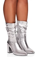 Womens Ruched Pointed Toe Block Heel Booties, Silver, Size 6.5