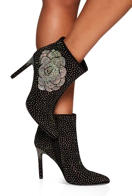 Womens Rhinestone Flower Pointed Toe Booties, Black,