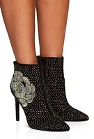 Womens Rhinestone Flower Pointed Toe Booties, Black,