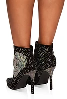 Womens Rhinestone Flower Pointed Toe Booties, Black, Size 10