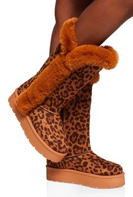 Womens Faux Fur Lined Platform Tall Boots, Brown,