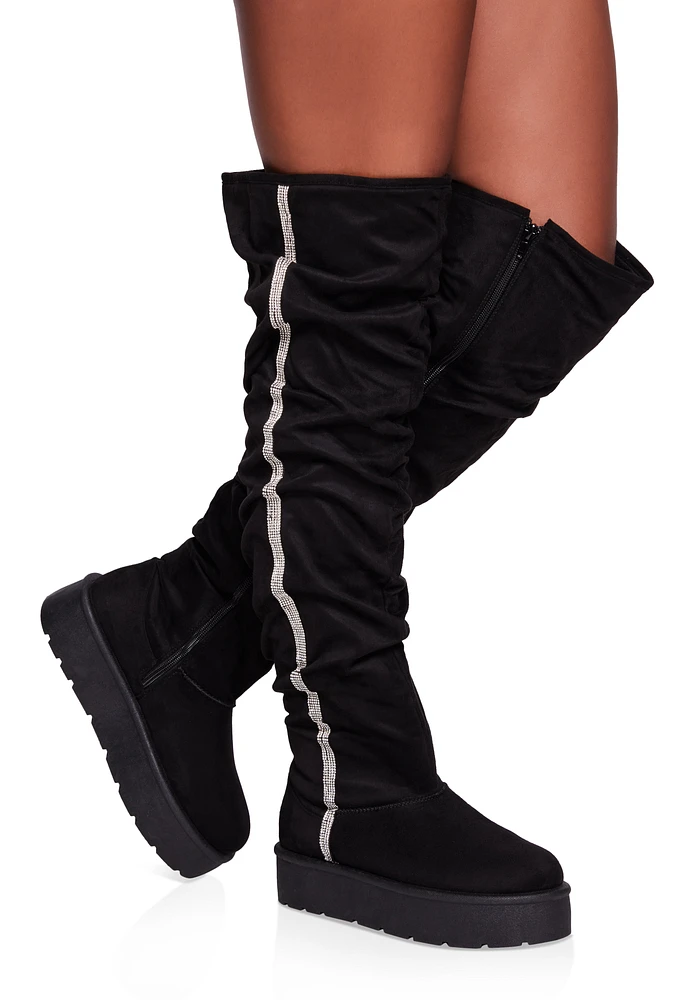 Womens Rhinestone Trim Slouch Over the Knee Boots, Black, Size 8