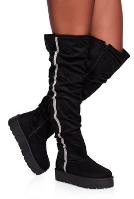 Womens Rhinestone Trim Slouch Over the Knee Boots, Black, Size 8