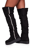 Womens Rhinestone Trim Slouch Over the Knee Boots, Black, Size 8