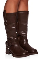 Womens Faux Leather Buckle Detail Moto Boots, Brown, Size 9