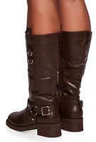 Womens Faux Leather Buckle Detail Moto Boots, Brown, Size 9