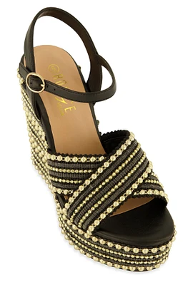 Womens Embellished Open Toe Wedges, Black, Size 10
